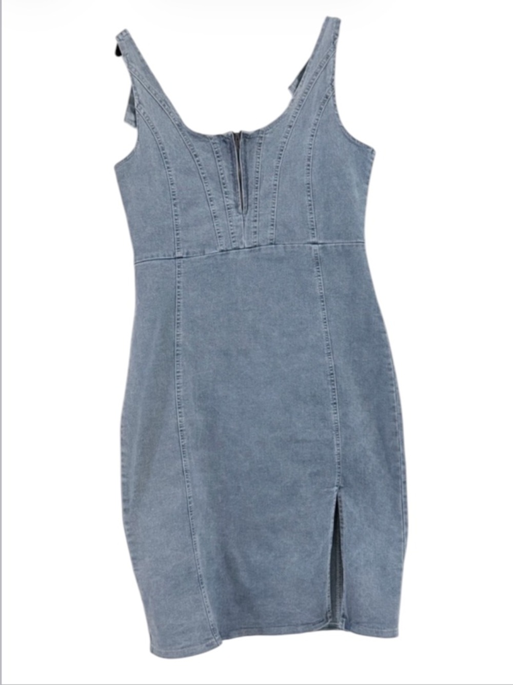 Sexy Sleeveless Denim Midi Dress with Front Zipper & Side Slit Size L